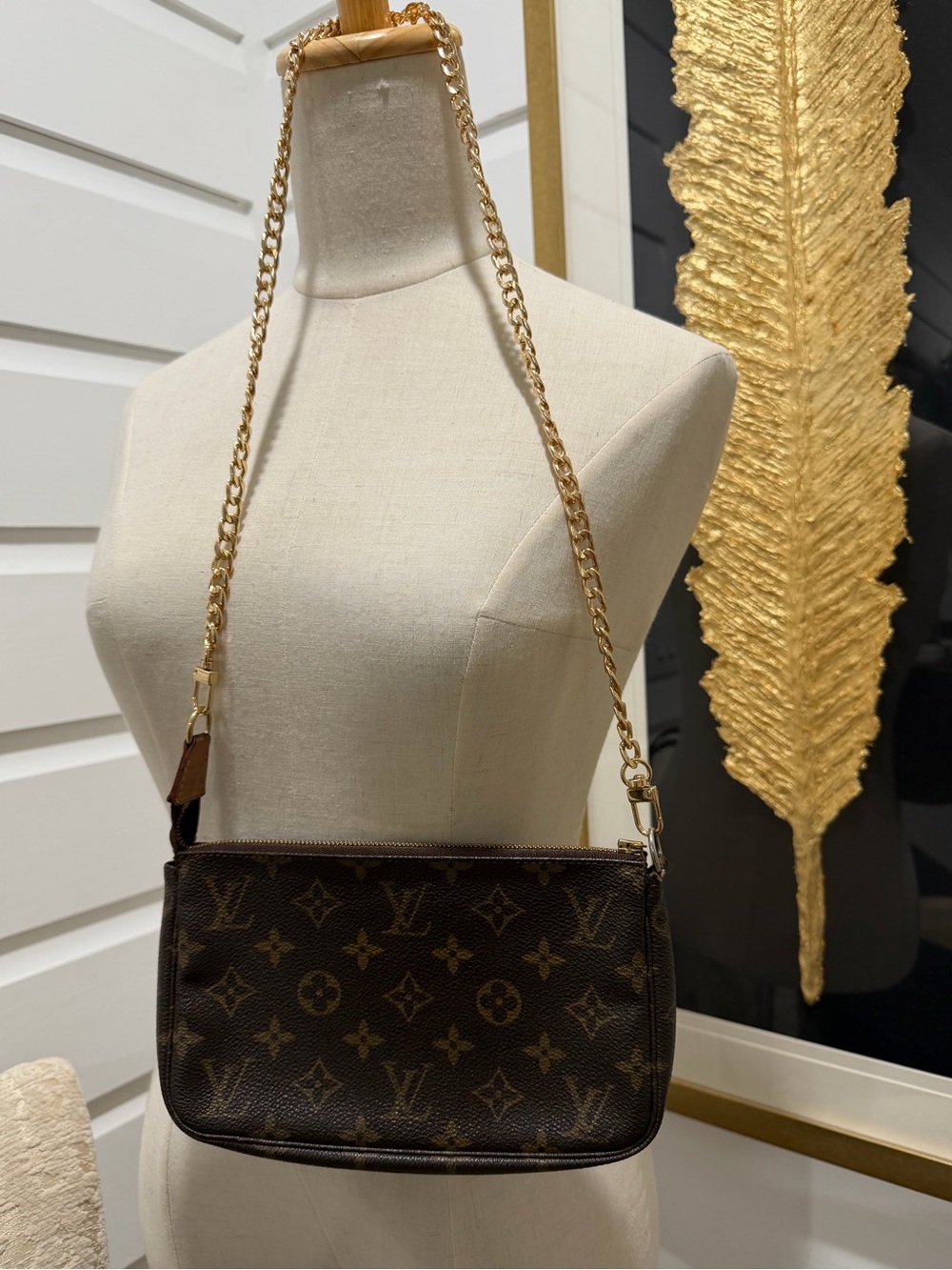 Louis Vuitton Monogram Canvas Shoulder Pochette with Gold Chain